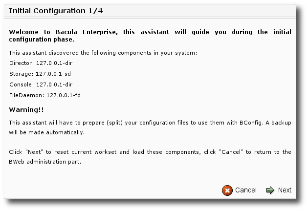 BWeb configurator: Configuration wizard, step 1