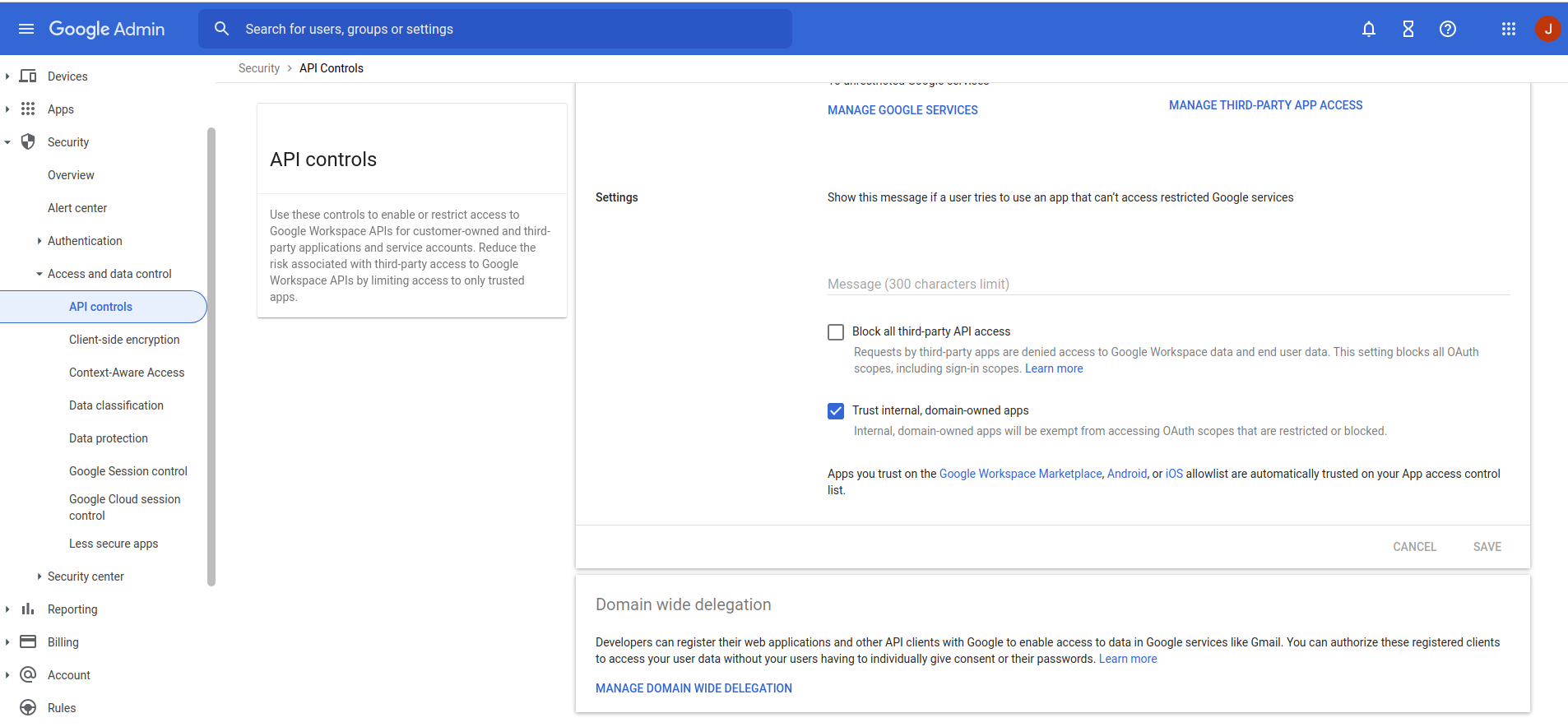 Google Workspace Admin API controls
