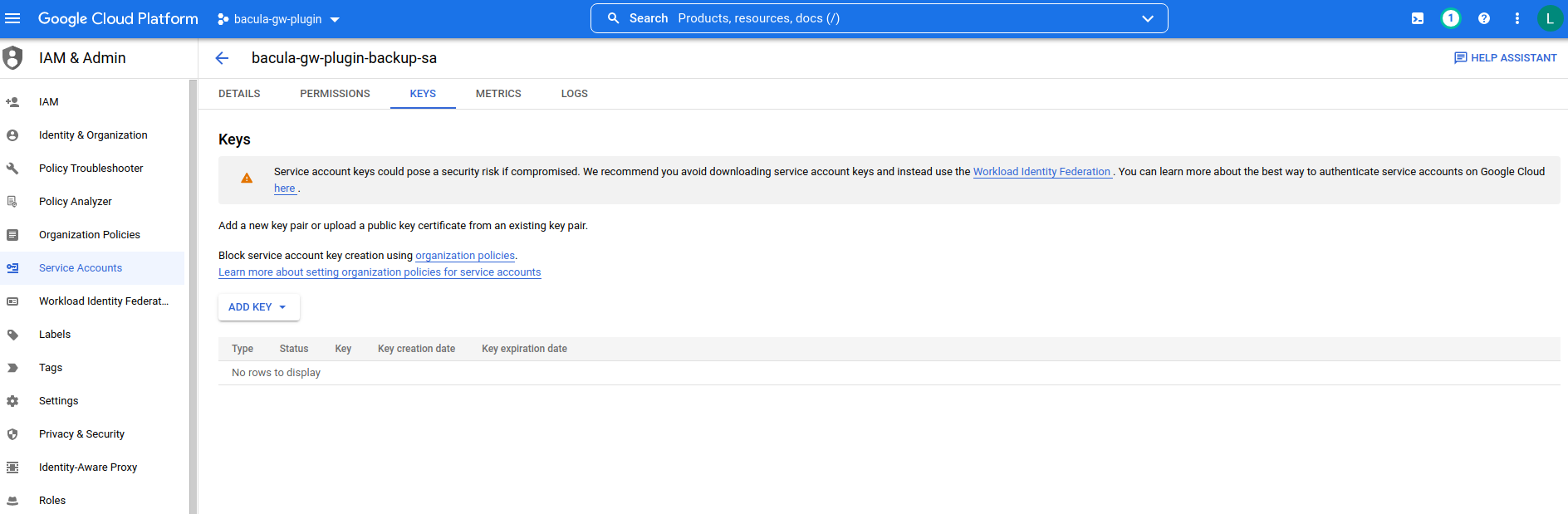 Google Workspace Service account keys