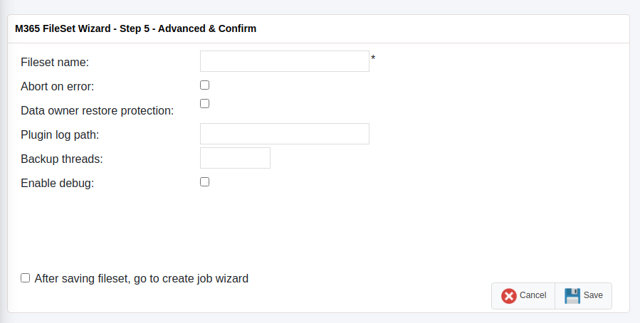 Fileset wizard advanced and confirm